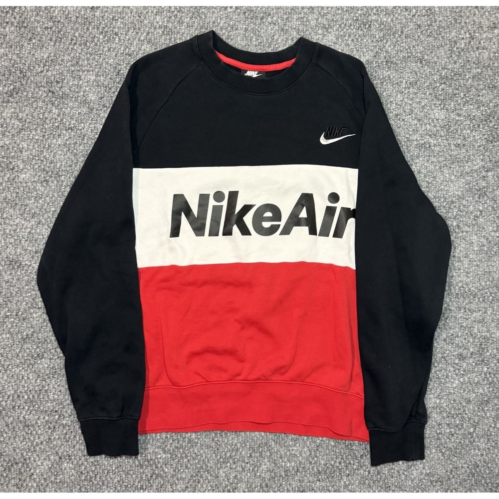 Nike Air Mens Sweatshirt Black White Red Logo Fleece Inner‎ Pullover Size Medium